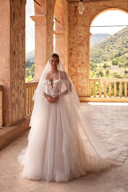 Princess wedding dress with falling sleeves Avalon from DAMA Couture (veil picture)