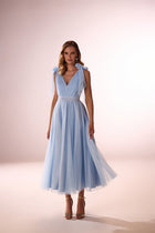 Short classic evening light blue dress Cin Cin Sky from DAMA Couture (studio photo)