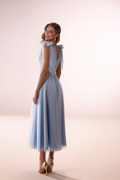 Short classic evening light blue dress Cin Cin Sky from DAMA Couture (back studio photo)