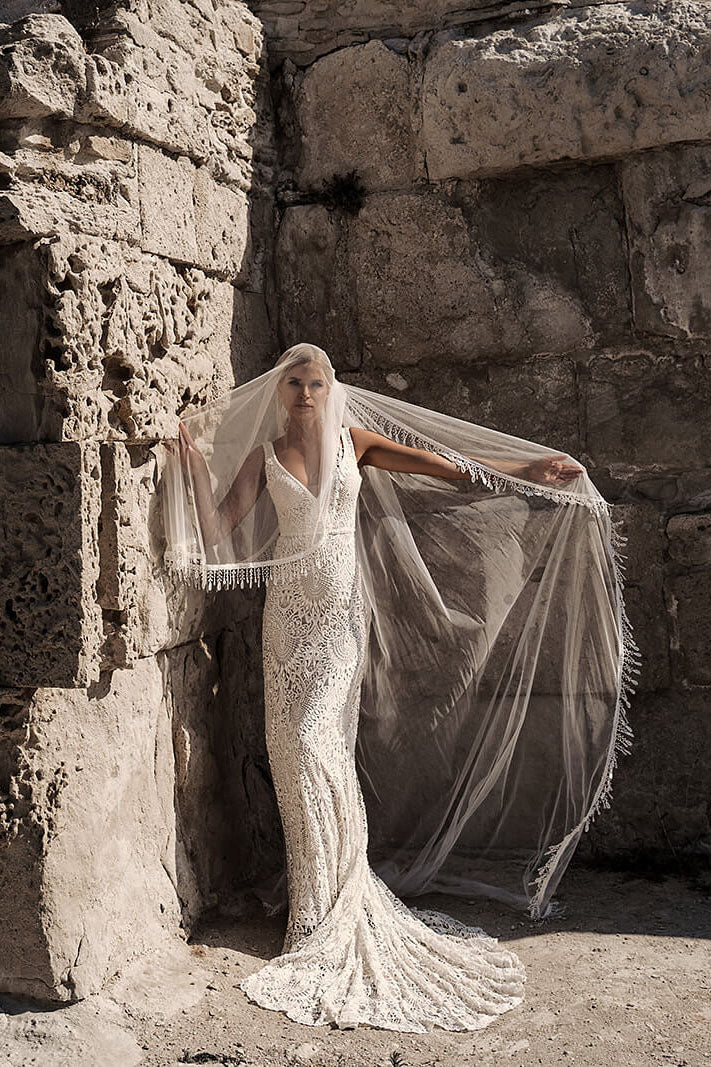Cathedral veil with fringe – DAMA Couture cathedral wedding veil, front view.