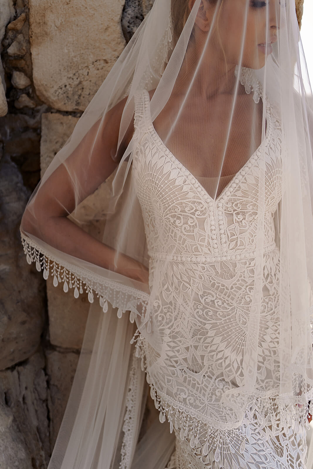 Cathedral veil with fringe – DAMA Couture cathedral wedding veil, front view.