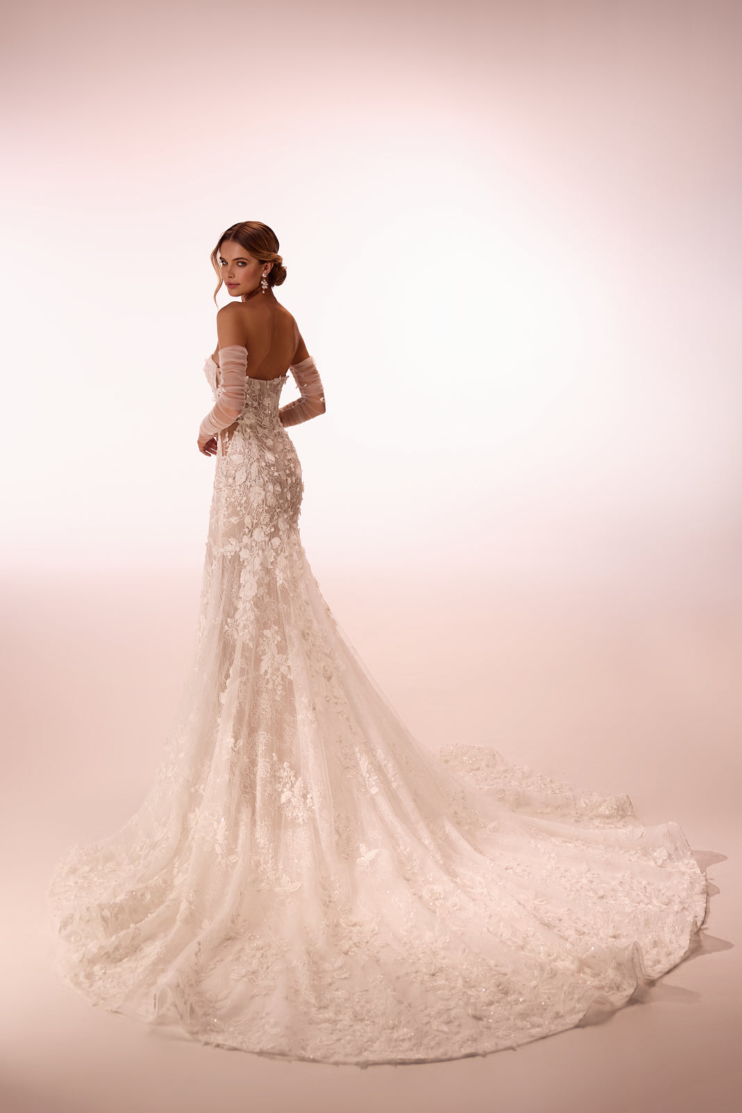 Glamour lace mermaid wedding dress with long sleeves Ellyse from DAMA Couture (back studio photo)