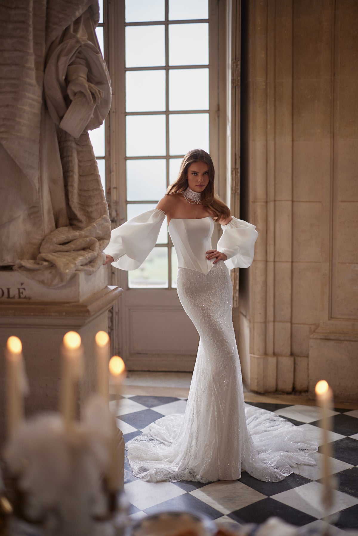Brautkleid Anais in ganzer Figur, Meerjungfrau-Schnitt mit Corsage und abnehmbaren Puffärmeln