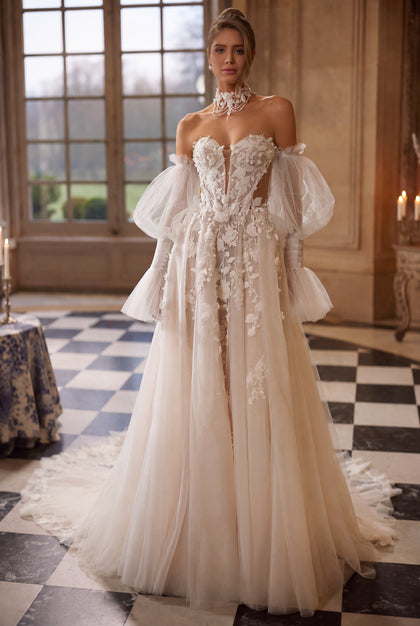 Estella wedding dress – A-line silhouette with a dimensional floral corset and voluminous off-the-shoulder sleeves.
