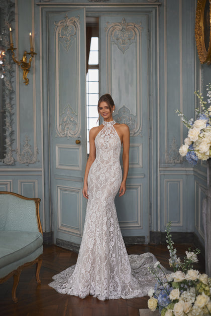 Maraya wedding dress – a halter neckline and figure-tracing lace, DAMA Couture Something Blue 2027.