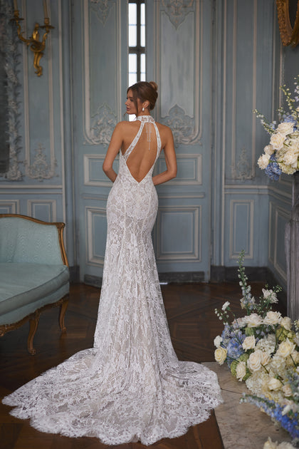 Maraya wedding dress from the Something Blue 2027 collection – a halter neckline and figure-tracing lace.