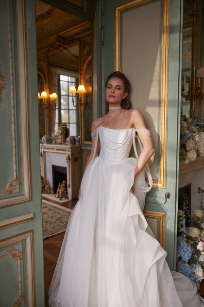 Nerina wedding dress – jewellery-like detailing and off-the-shoulder tulle straps, DAMA Couture Something Blue 2027.