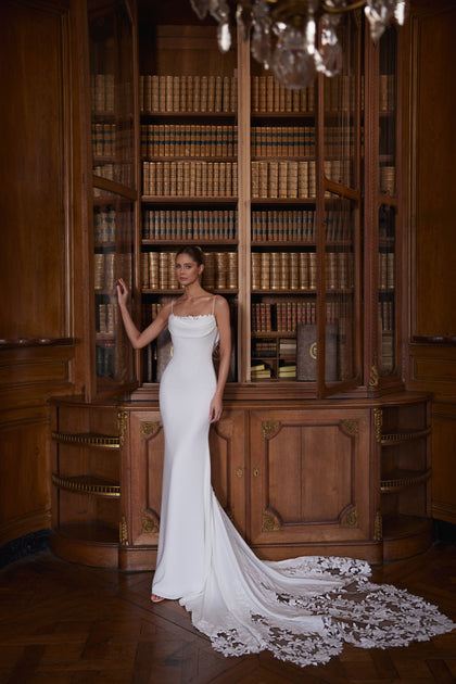 Valerie wedding dress – spaghetti straps and a softly draped cowl neckline, DAMA Couture Something Blue 2027.