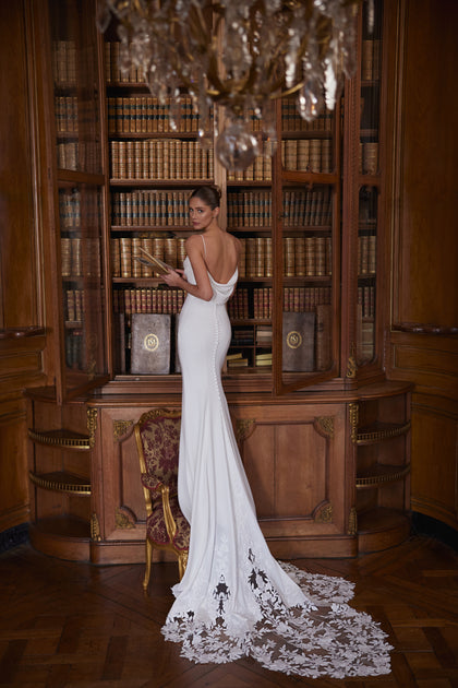 Valerie wedding dress from the Something Blue 2027 collection – spaghetti straps and a softly draped cowl neckline.