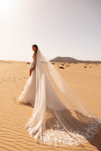 Der Aviva-Schleier mit Spitzenkante ergänzt das Brautkleid perfekt und sorgt für einen romantischen Abschluss.