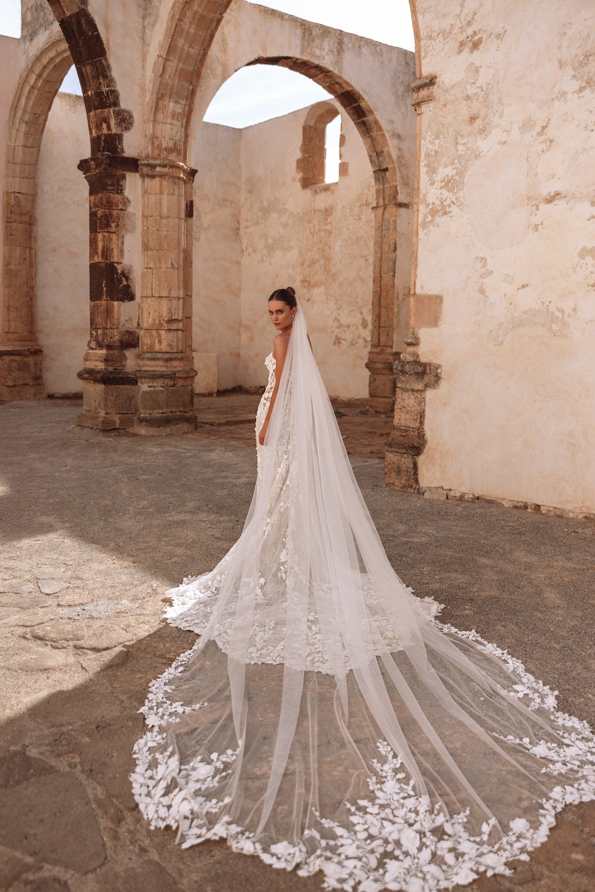 Lace wedding dress with a cathedral-length veil and floral appliqué train, perfect for a timeless bridal look.