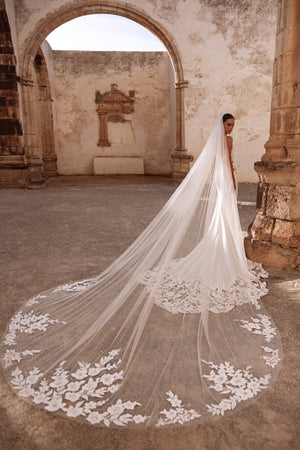 Munira Kathedral-Brautschleier mit floralen Spitzenapplikationen für einen eindrucksvollen Hochzeitslook.